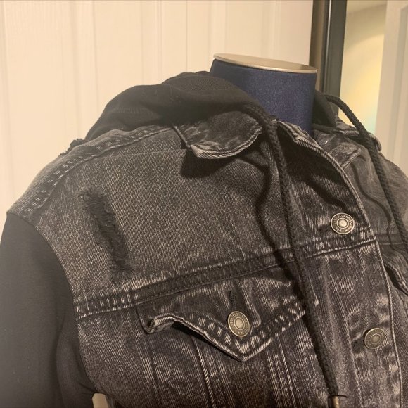 Distressed Denim Jacket with Hood - Picture 2 of 7